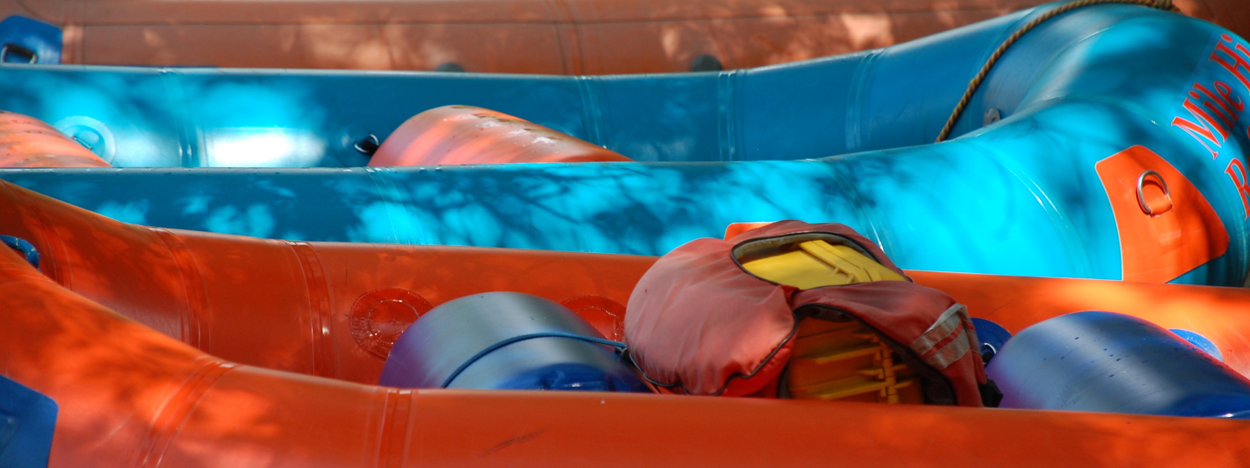 Close up of white water rafting equipment.